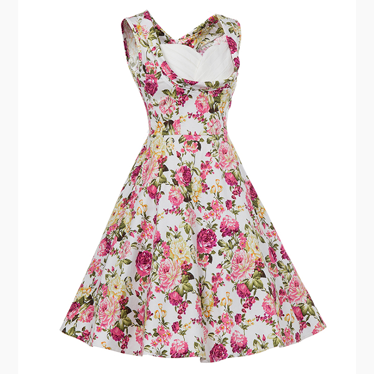 Vintage Dresses for Women, Sexy Dresses for Women Cocktail Party, Vintage High Waist Dress, Sleeveless Swing Daily Dress, Vintage Floral Printed Printed Swing Dress, #N18134