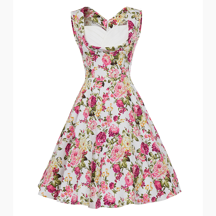 Vintage Pink Floral Printed Pleated Sweetheart Neckline Sleeveless Midi Swing Dress N18134