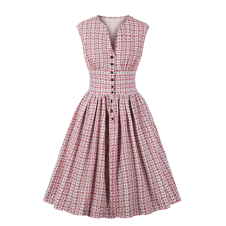 Vintage Pink Floral Print V Neck Sleeveless High Waist Swing Dress N18667