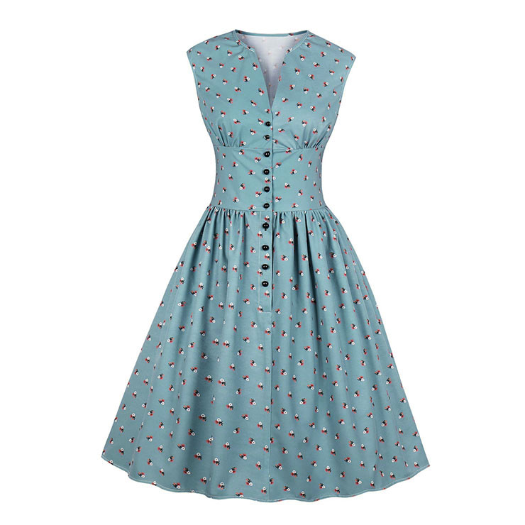 Vintage Blue Floral Print V Neck Sleeveless High Waist Swing Dress N18668