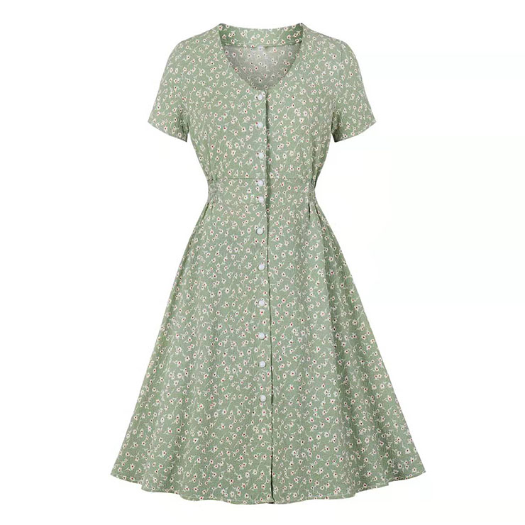 Vintage Floral Print V Neckline Short Sleeves Front Button High Waist Summer Swing Dress N21720