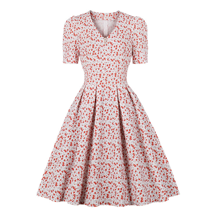 Vintage Floral Print V Neckline Short Sleeves High Waist Summer Tea Party A-line Dress N21721