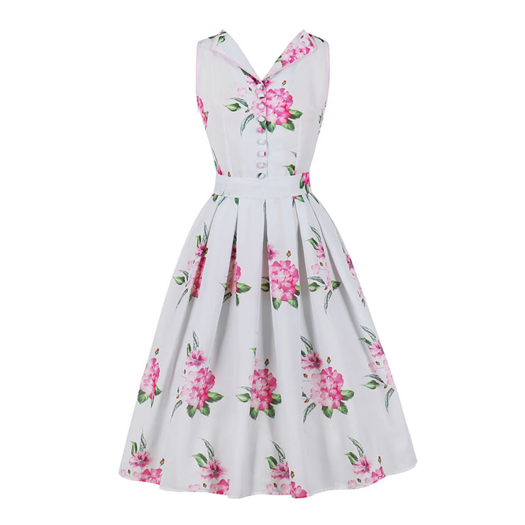 1950s Retro Floral Print Lapel Sleeveless Button Bodice High Waist Summer Cocktail Midi Dress N21856