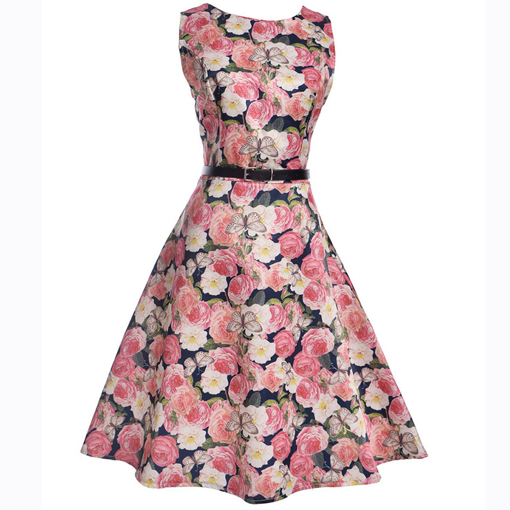 Girl's Vintage Flower and Butterfly Print Sleeveless Round Collar Swing Dress N15477
