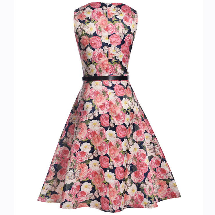 Vintage Dresses for Girls, Floral Print Dress, Sleeveless Dress, Round Collar Dress, Back Zipper Dress, Retro Dresses for Girls, Swing Dress, #N15477
