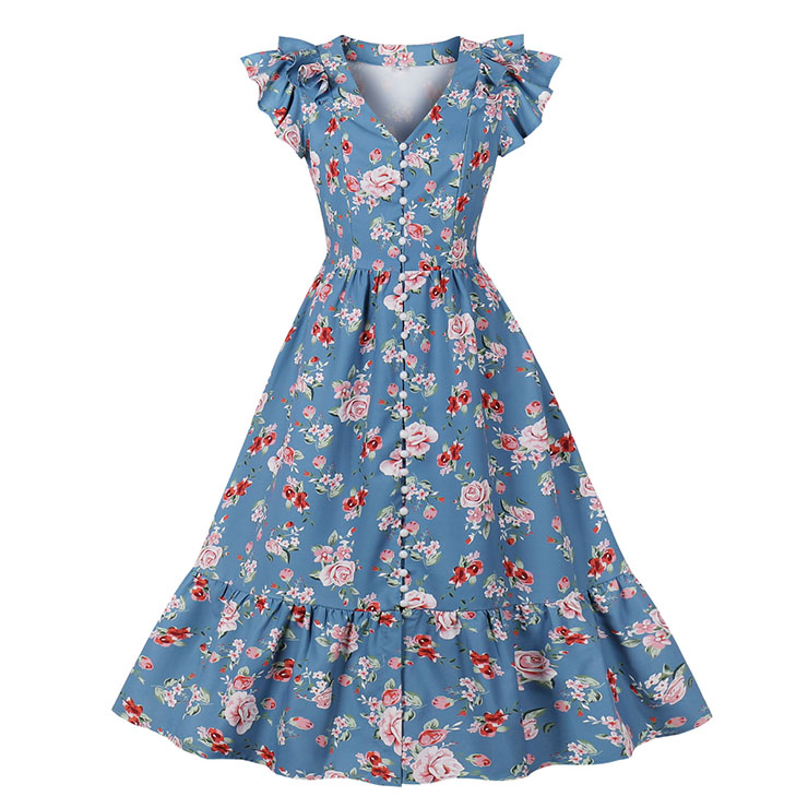 1950s Retro V Neckline Flutter Sleeve Floral Print Front Button Ruffle Summer Swing Dress N22081