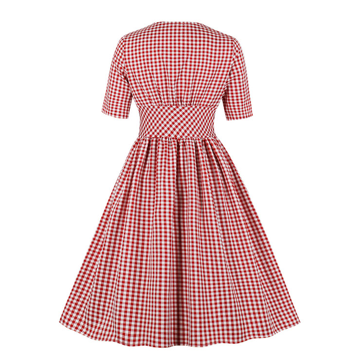 Cute Red Check Swing Dress, Retro Plaid Dresses for Women 1960, Vintage Dresses 1950