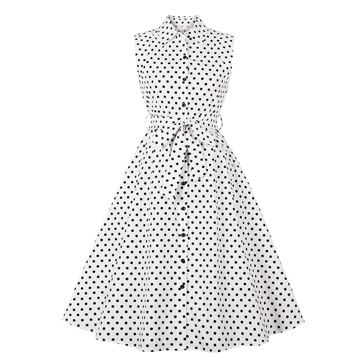 Vintage Rockabilly Polka Dots Lapel Sleeveless Front Button High Waist Cocktail Swing Dress N21484