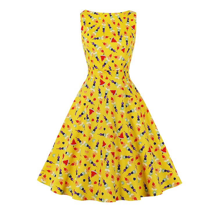 Retro Rockabilly Fruits Print Round Neckline Sleeveless High Waist Summer Swing Dress N21864