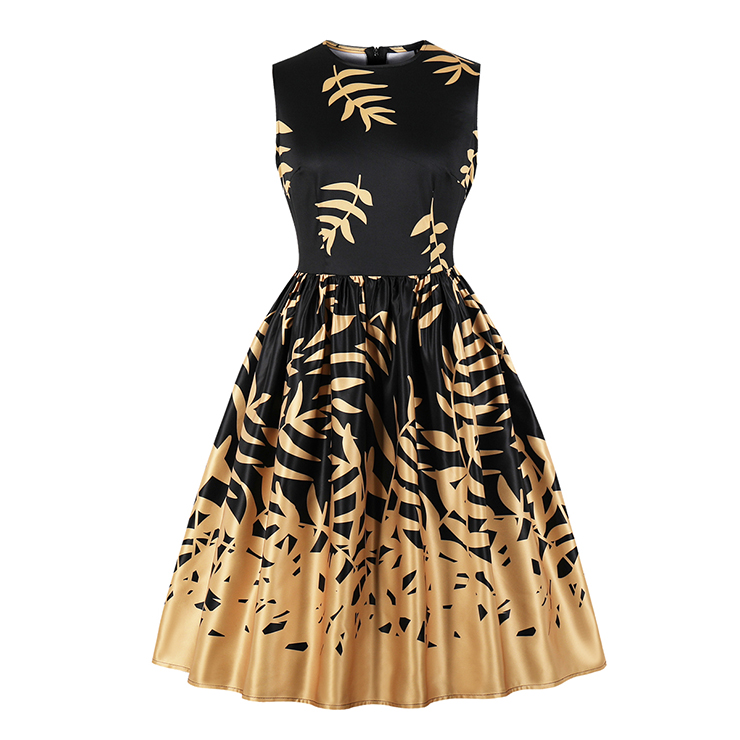 Vintage Black Sleeveless Classical Yellow Leaves Print High Waist Midi Dress N18337