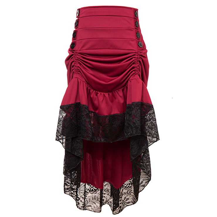 Vintage Gothic Wine-Red High Waist Button Lace Trim Ruffled High-low Skirt N17137