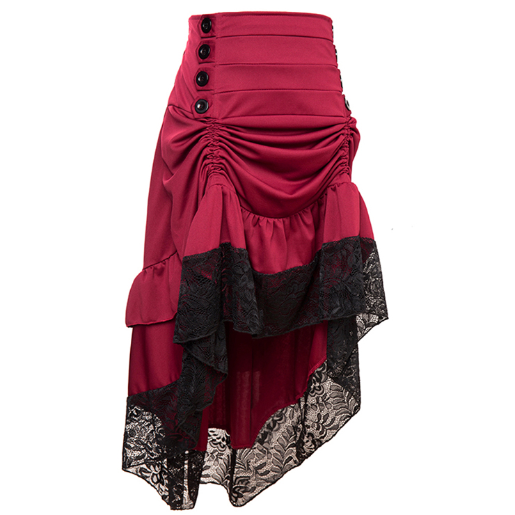 Gothic Party Wine-Red High-low Skirt, High Wiat Button Skirt for Women, Gothic Cosplay High-low Skirt, Halloween Costume Skirt, Plus Size Skirt, Vintage Gothic Pirate Costume, #N17137