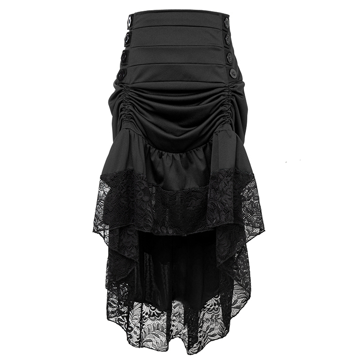 Vintage Gothic Black High Waist Button Lace Trim Ruffled High-low Skirt N17138