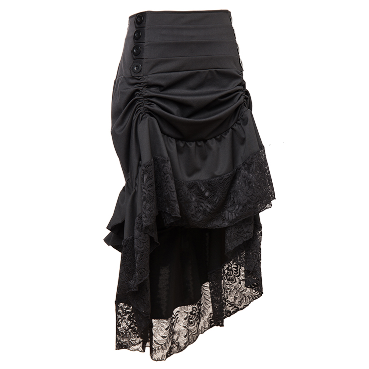 Vintage Gothic Black High Waist Button Lace Trim Ruffled High-low Skirt ...
