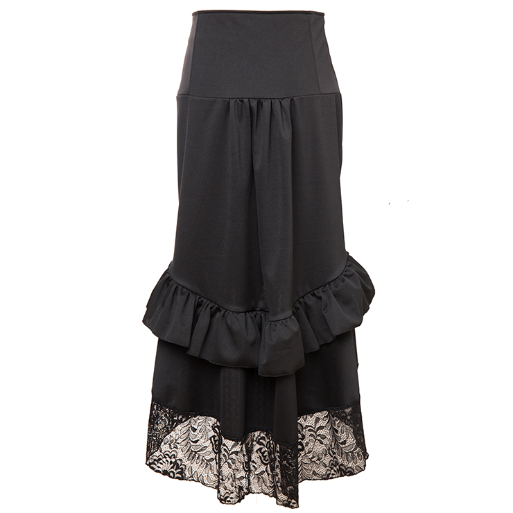 Vintage Gothic Black High Waist Button Lace Trim Ruffled High-low Skirt ...