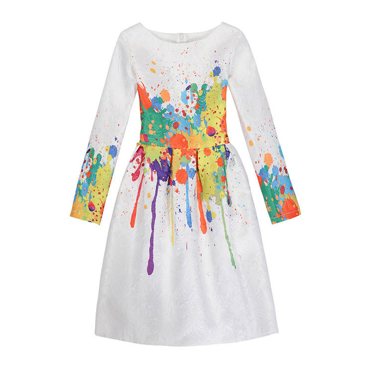 Girl's Vintage Graffiti Print Long Sleeve Round Collar A-Line Dress N15526