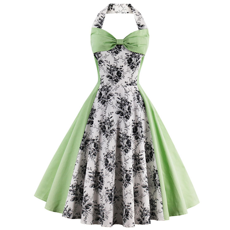 1950's Vintage Green Bowknot Floral Print Halter Cocktail Swing Dress N12814