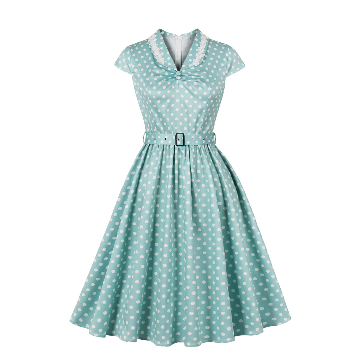 Vintage Green Polka Dot A-Line Dress with White Lace Collar and Bow Accent N23827