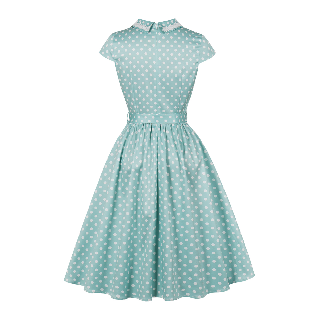 Vintage style, Green with white polka dots, Short sleeves, V-neckline, White lace trim, Chest bow accent, Cinched waist belt, A-line skirt, Lightweight fabric, Comfortable fit #N23827