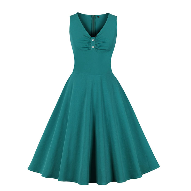 Vintage Green V Neck Sleeveless High Waist Wrinkle Summer Party Midi Dress N23031