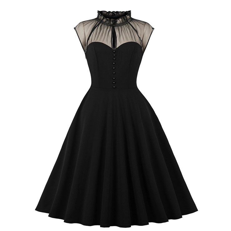 Vintage Black Mesh Patchwork Half-high Neck Flying Sleeve High Waist Swing Dress N23026