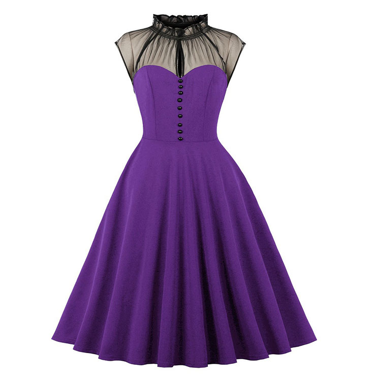 Vintage Purple Mesh Patchwork Half-high Neck Flying Sleeve High Waist Swing Dress N23027