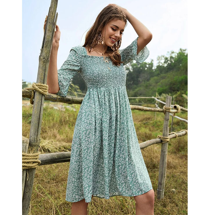 Vintage Light-green Floral Print Square Collar Half Sleeve High Waist Summer A-line Dress N20580