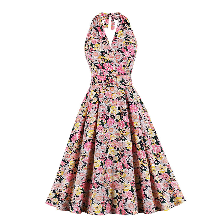 Vintage Floral Print Halter Lace-up V Neck Backless Bodice Belt Summer Party Dress N20575