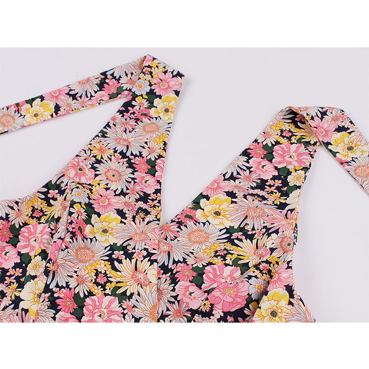 Cute Summertime Floral Print A-line Swing Dress, Retro Backless Dresses for Women 1960, Vintage Dresses 1950