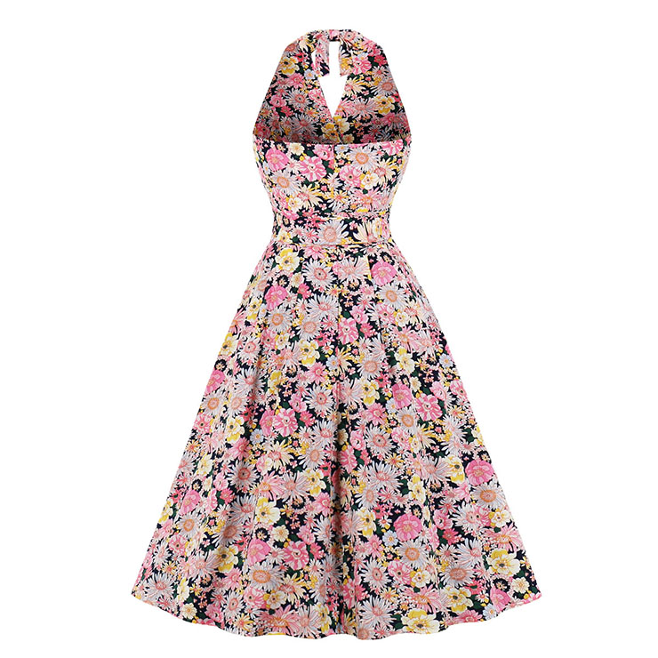 Cute Summertime Floral Print A-line Swing Dress, Retro Backless Dresses for Women 1960, Vintage Dresses 1950