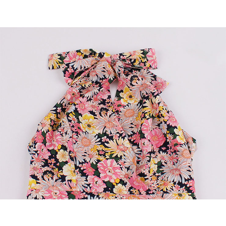Cute Summertime Floral Print A-line Swing Dress, Retro Backless Dresses for Women 1960, Vintage Dresses 1950