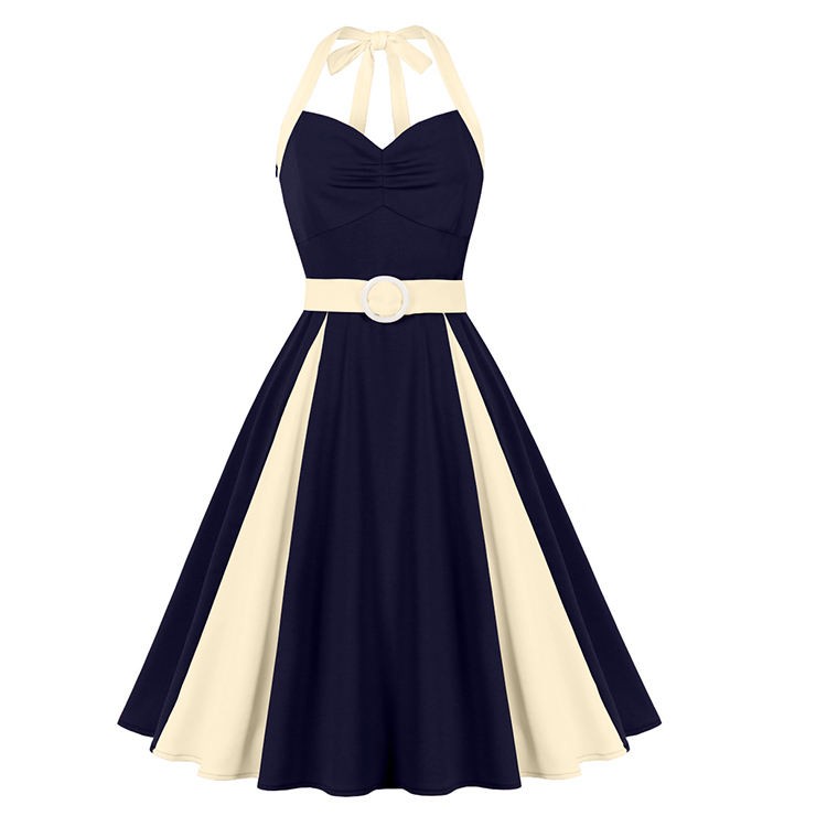 Vintage 1950s Halter Navy & Cream Color-Block Swing Dress  N23939