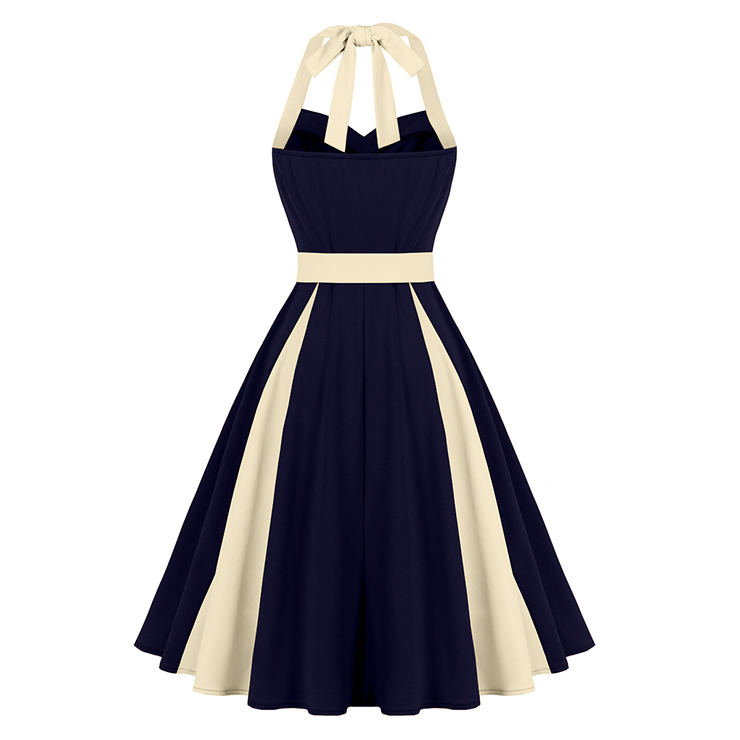 vintage dress, halter swing dress, navy cream dress, 1950s retro dress, color-block dress, bow-tie neck dress, belted dress, ruched bodice dress, flared skirt dress, evening dress, cocktail dress, rockabilly dress, feminine dress, pin-up dress, vintage inspired dress #N23939