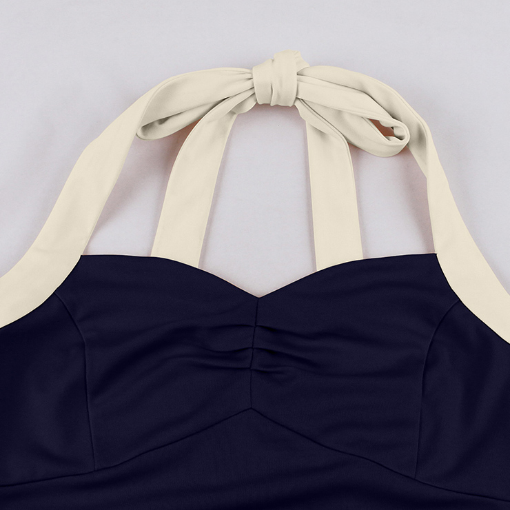 vintage dress, halter swing dress, navy cream dress, 1950s retro dress, color-block dress, bow-tie neck dress, belted dress, ruched bodice dress, flared skirt dress, evening dress, cocktail dress, rockabilly dress, feminine dress, pin-up dress, vintage inspired dress #N23939