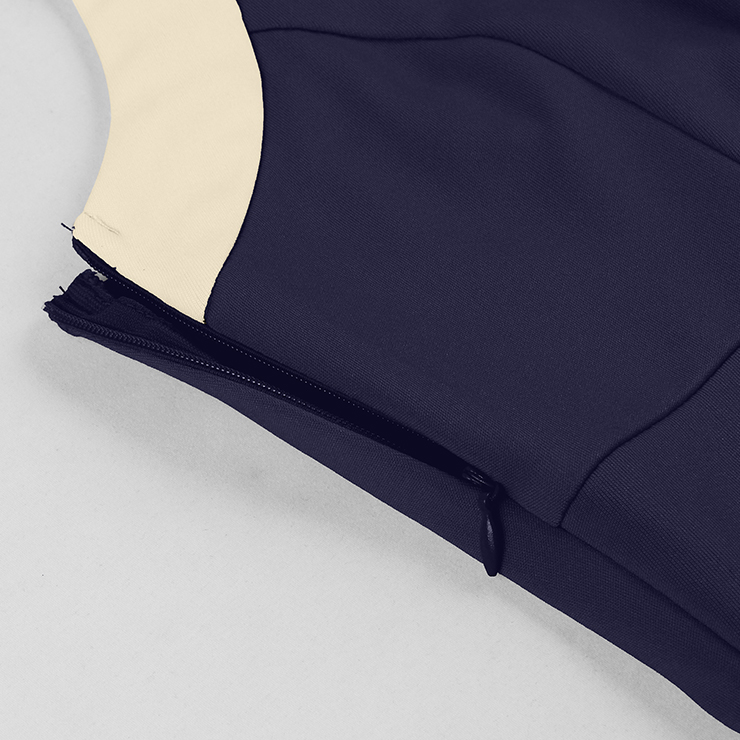vintage dress, halter swing dress, navy cream dress, 1950s retro dress, color-block dress, bow-tie neck dress, belted dress, ruched bodice dress, flared skirt dress, evening dress, cocktail dress, rockabilly dress, feminine dress, pin-up dress, vintage inspired dress #N23939
