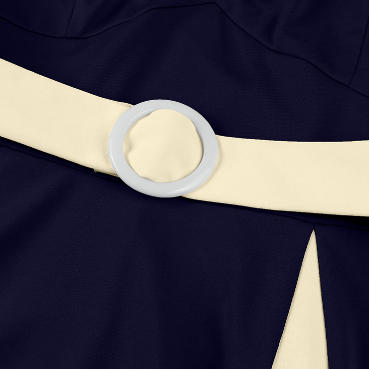 vintage dress, halter swing dress, navy cream dress, 1950s retro dress, color-block dress, bow-tie neck dress, belted dress, ruched bodice dress, flared skirt dress, evening dress, cocktail dress, rockabilly dress, feminine dress, pin-up dress, vintage inspired dress #N23939
