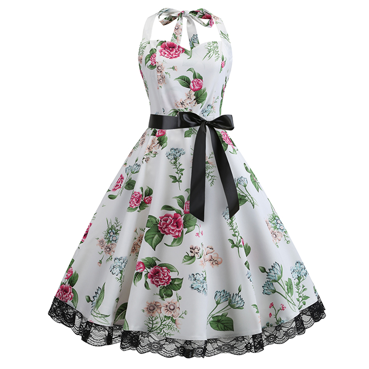 Seaside Vacation Retro Beach Big Swing Halterneck Split Dress main image 0