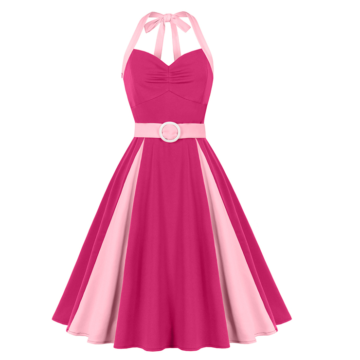 Vintage 1950s Halter Pink & Magenta Color - Block Swing Dress N23937