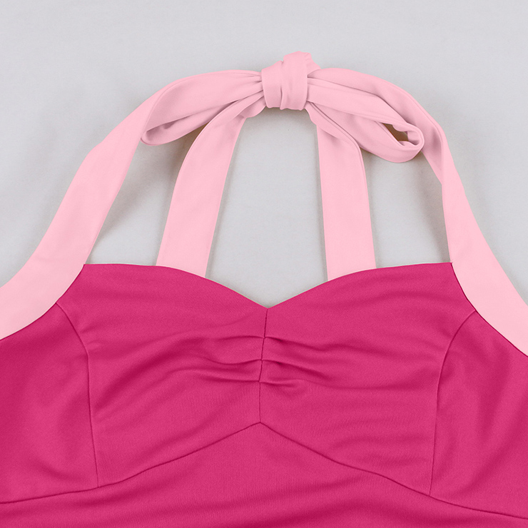 vintage dress, halter swing dress, pink magenta dress, 1950s retro dress, color - block dress, bow - tie neck dress, belted dress, ruched bodice dress, flared skirt dress, summer dress, cocktail dress, rockabilly dress, feminine dress, pin - up dress, vintage inspired dress #N23937