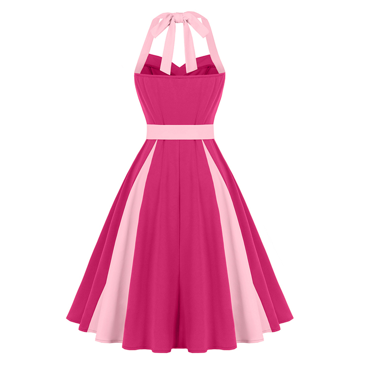 vintage dress, halter swing dress, pink magenta dress, 1950s retro dress, color - block dress, bow - tie neck dress, belted dress, ruched bodice dress, flared skirt dress, summer dress, cocktail dress, rockabilly dress, feminine dress, pin - up dress, vintage inspired dress #N23937