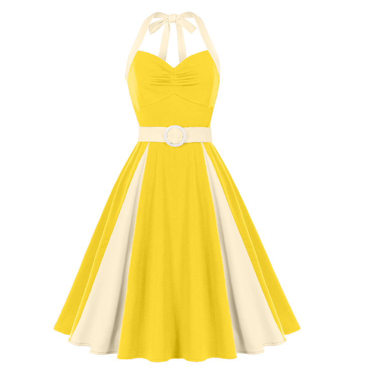 Vintage 1950s Halter Yellow & Cream Color-Block Swing Dress  N23938