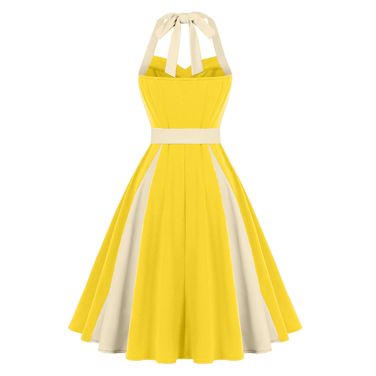 vintage dress, halter swing dress, yellow cream dress, 1950s retro dress, color-block dress, bow-tie neck dress, belted dress, ruched bodice dress, flared skirt dress, summer dress, cocktail dress, rockabilly dress, feminine dress, pin-up dress, vintage inspired dress #N23938