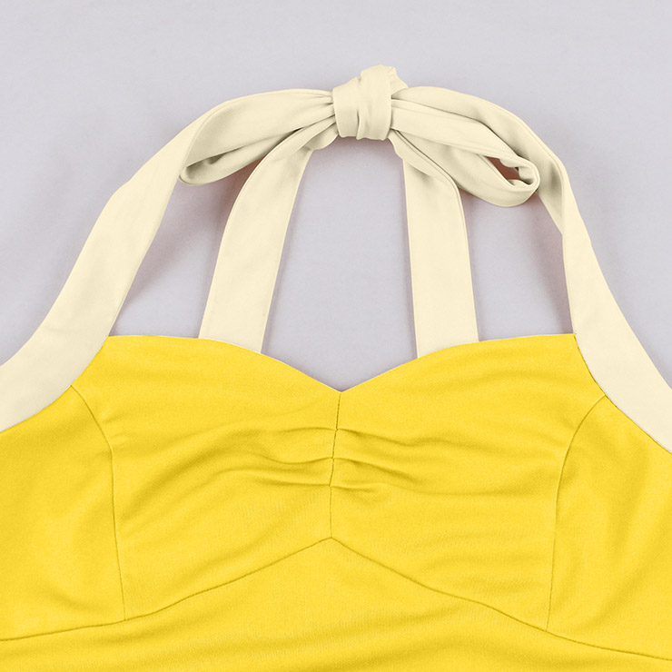 vintage dress, halter swing dress, yellow cream dress, 1950s retro dress, color-block dress, bow-tie neck dress, belted dress, ruched bodice dress, flared skirt dress, summer dress, cocktail dress, rockabilly dress, feminine dress, pin-up dress, vintage inspired dress #N23938