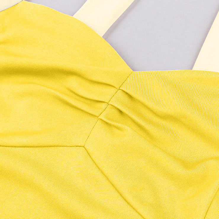 vintage dress, halter swing dress, yellow cream dress, 1950s retro dress, color-block dress, bow-tie neck dress, belted dress, ruched bodice dress, flared skirt dress, summer dress, cocktail dress, rockabilly dress, feminine dress, pin-up dress, vintage inspired dress #N23938