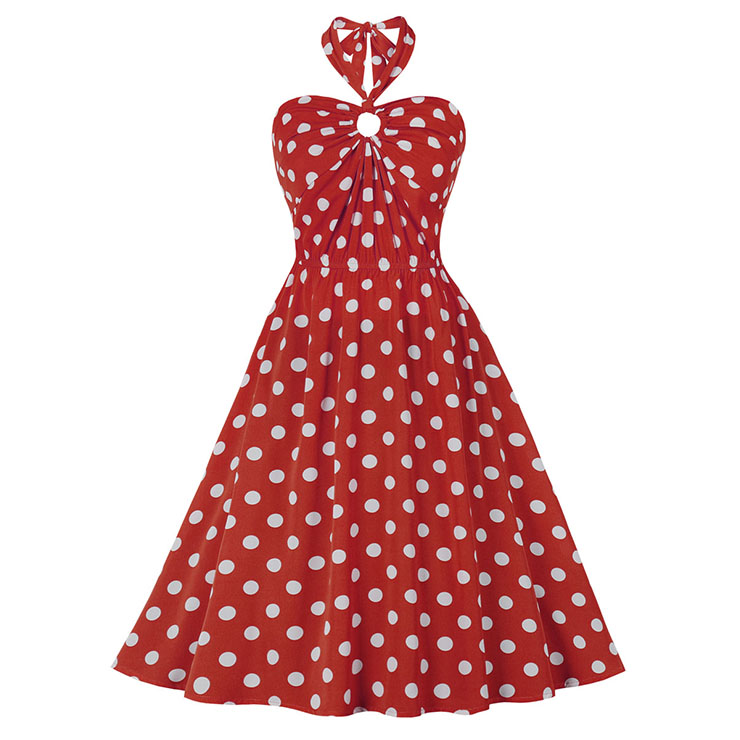 Vintage Sweetheart Neck Halter Backless Polka Dots Knee-length Summer Day Swing Dress N21751