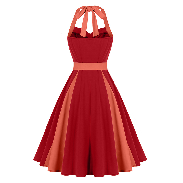 vintage dress, halter swing dress, red coral dress, 1950s retro dress, color-block dress, bow-tie neck dress, belted dress, ruched bodice dress, flared skirt dress, party dress, cocktail dress, rockabilly dress, feminine dress, pin-up dress, vintage inspired dress #N23940