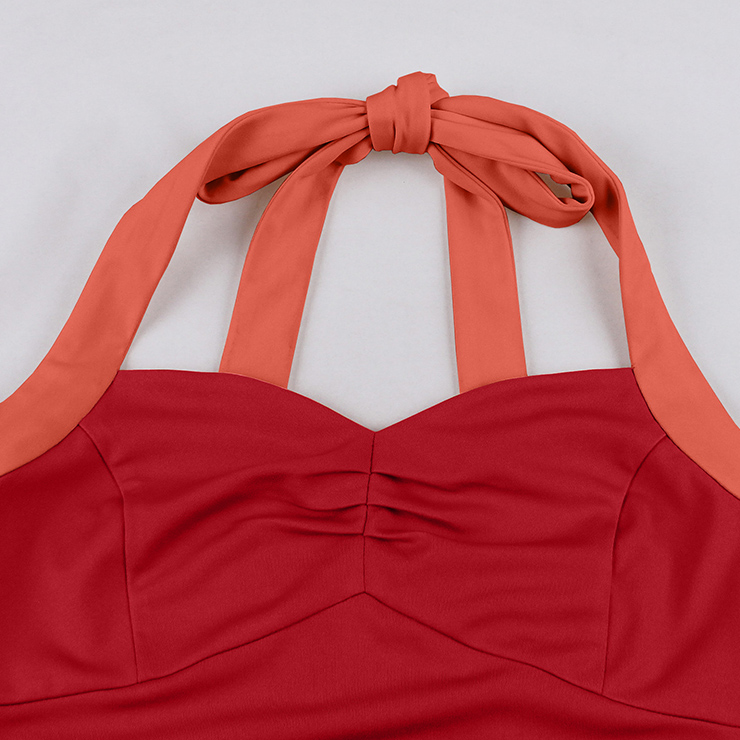 vintage dress, halter swing dress, red coral dress, 1950s retro dress, color-block dress, bow-tie neck dress, belted dress, ruched bodice dress, flared skirt dress, party dress, cocktail dress, rockabilly dress, feminine dress, pin-up dress, vintage inspired dress #N23940