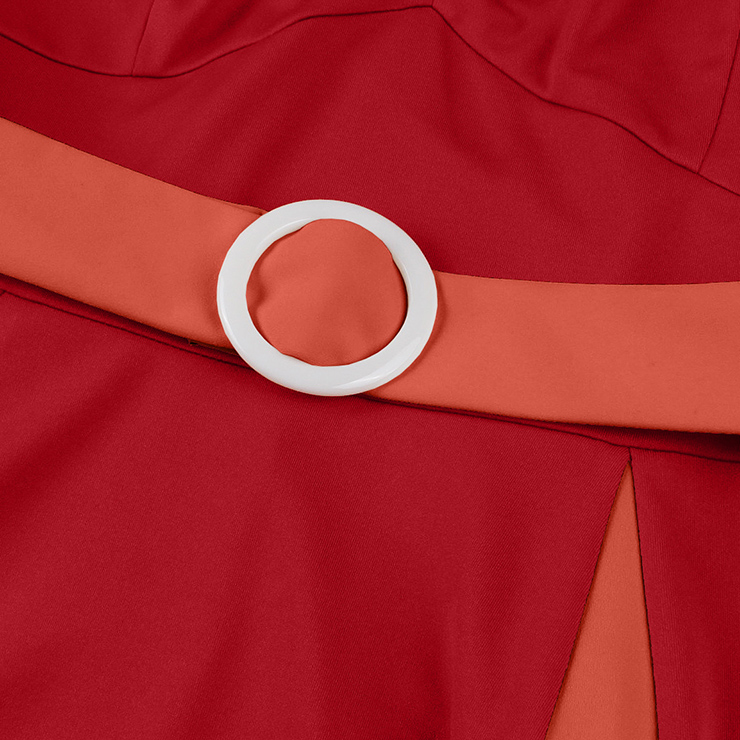 vintage dress, halter swing dress, red coral dress, 1950s retro dress, color-block dress, bow-tie neck dress, belted dress, ruched bodice dress, flared skirt dress, party dress, cocktail dress, rockabilly dress, feminine dress, pin-up dress, vintage inspired dress #N23940
