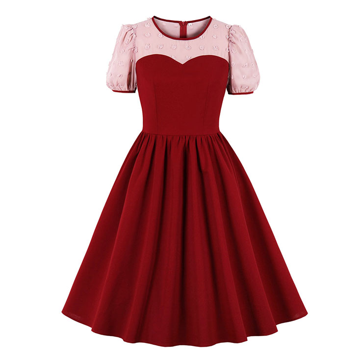 Vintage Round Neck Heart Bodice Puff Sleeves High Waist Elegant Cocktail Party A-line Dress N21499