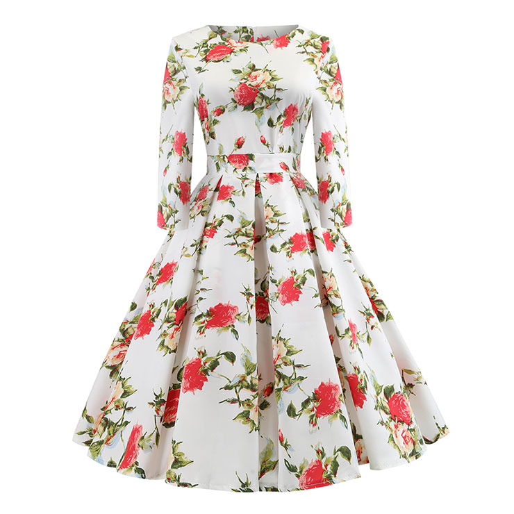 Vintage Hepburn Round Neck Half Sleeve High Waist Floral Print Swing A-line Dress N20417